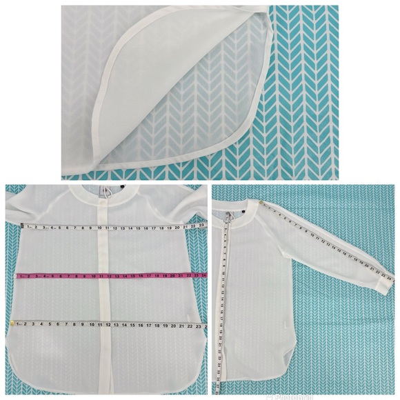 Cabi Tuxedo Blouse # 3421, White Semi-Sheer Long Sleeve with Black Tie, Small - Picture 15 of 16